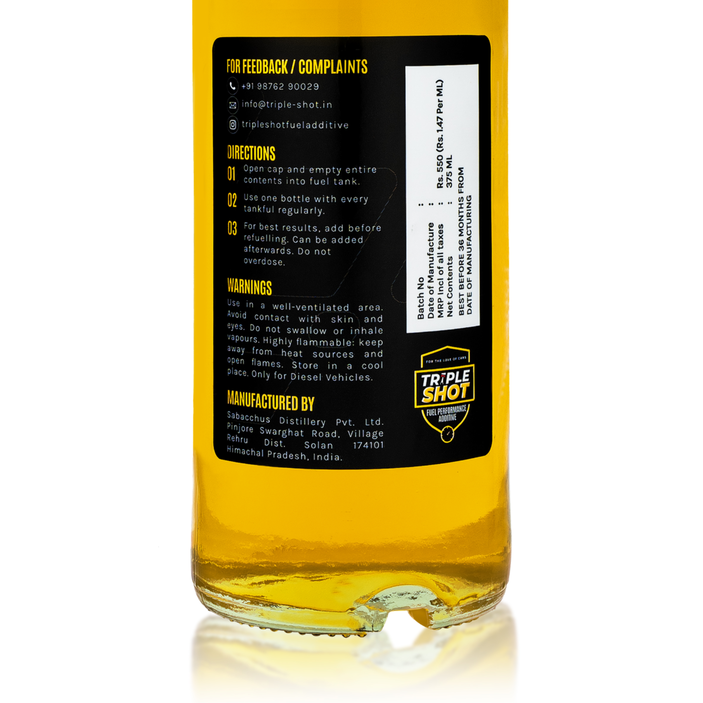 Yellow bottle with a black label on a white background.
