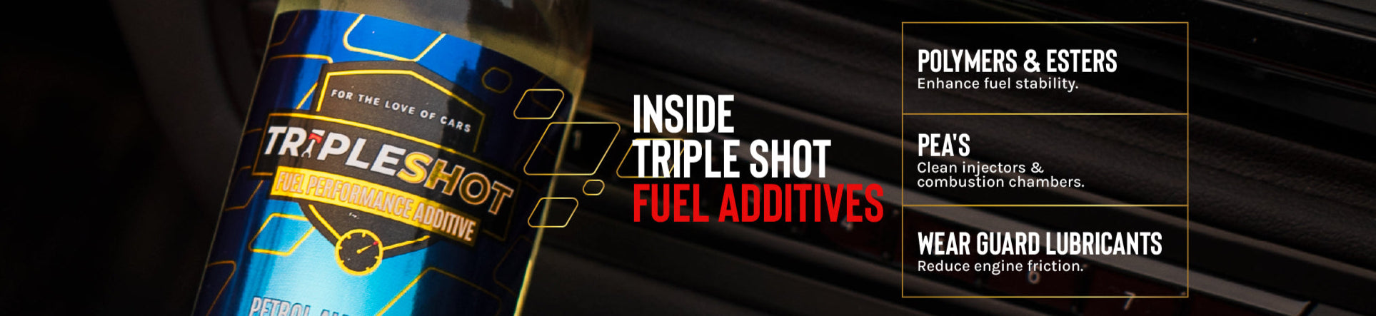 Triple Shot fuel additive package with text about polymers and esters on a dark background