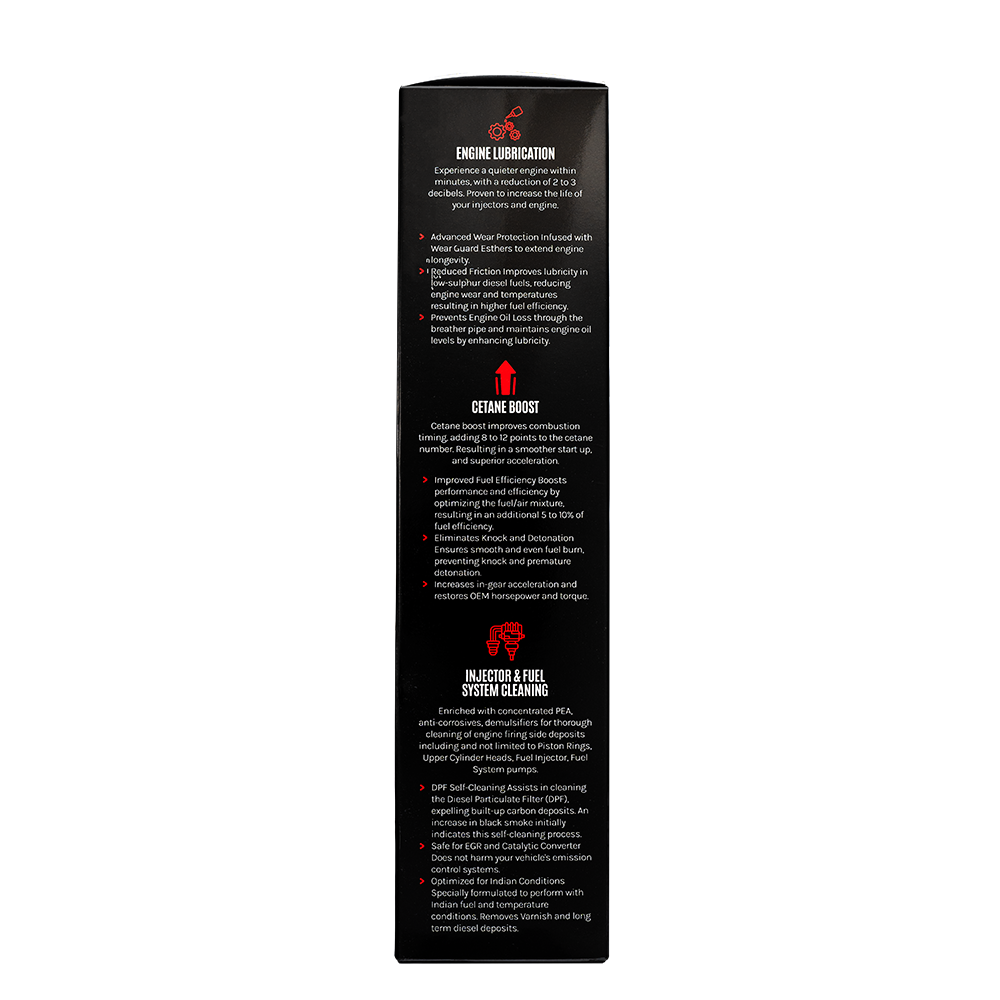 TripleShot Diesel Additive Box Side View Showing Benefits – Engine Lubrication, Emission Reduction & Fuel System Cleaning