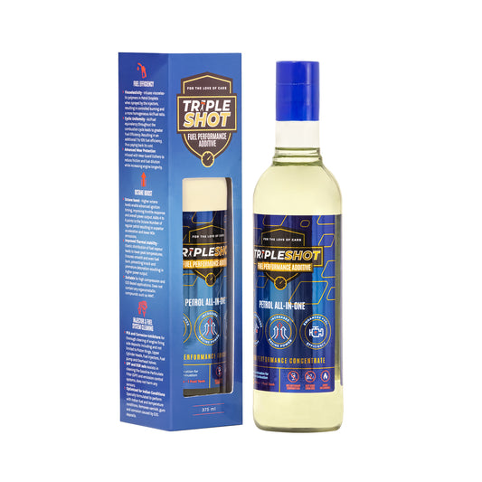 A bottle of Tripleshot Fuel Performance Additive with its packaging, predominantly blue in color with text and branding.