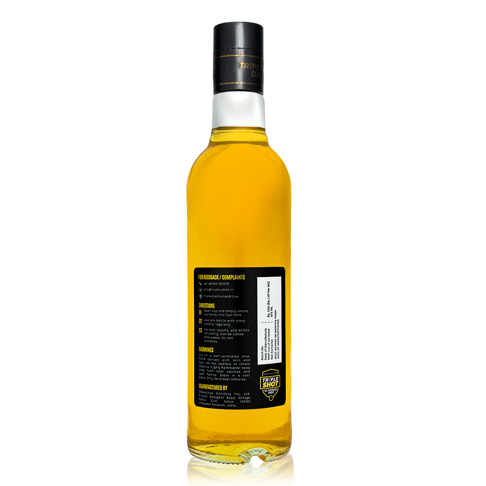 Back view of Tripleshot Diesel Fuel Performance Additive bottle showing product usage directions, safety warnings, contact details for feedback or complaints, and manufacturer information in yellow and white text on a black label.