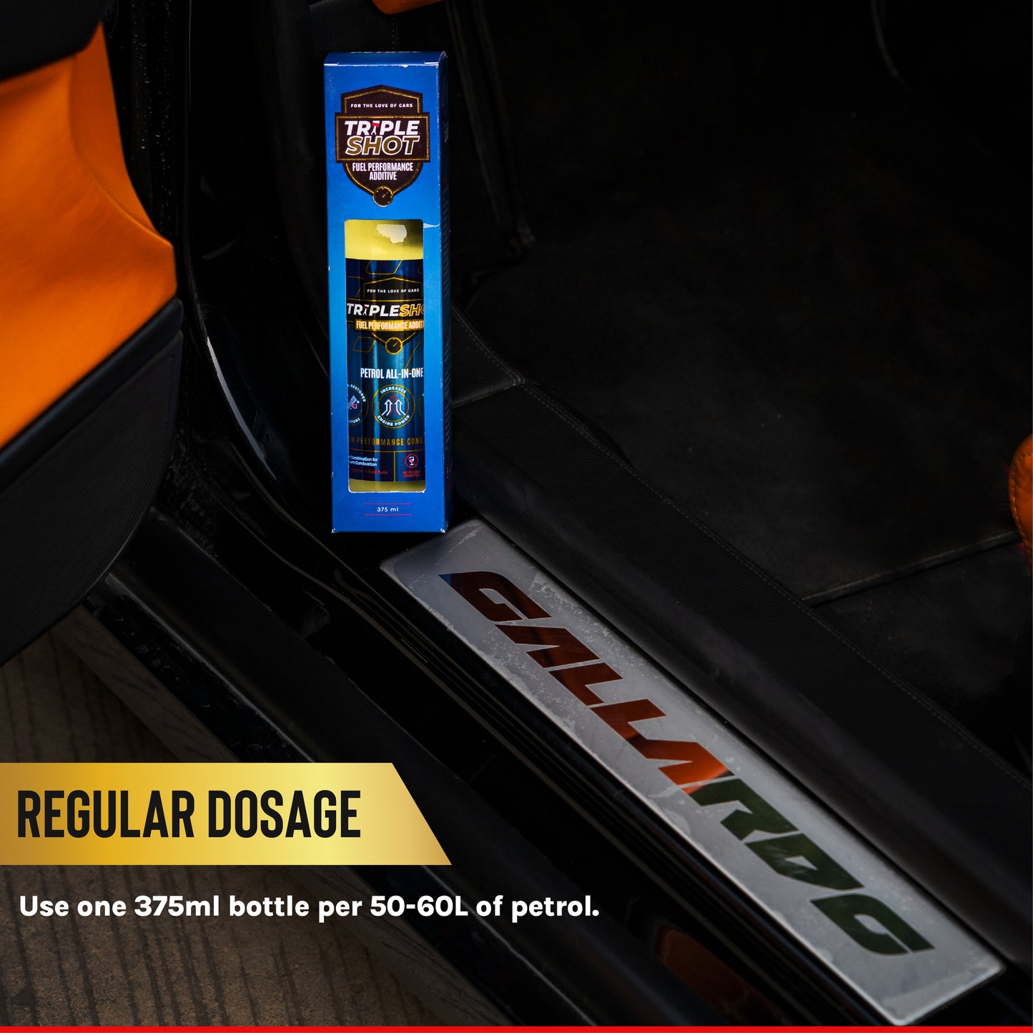 TripleShot petrol fuel additive box placed inside a Lamborghini Gallardo with dosage instructions shown.
