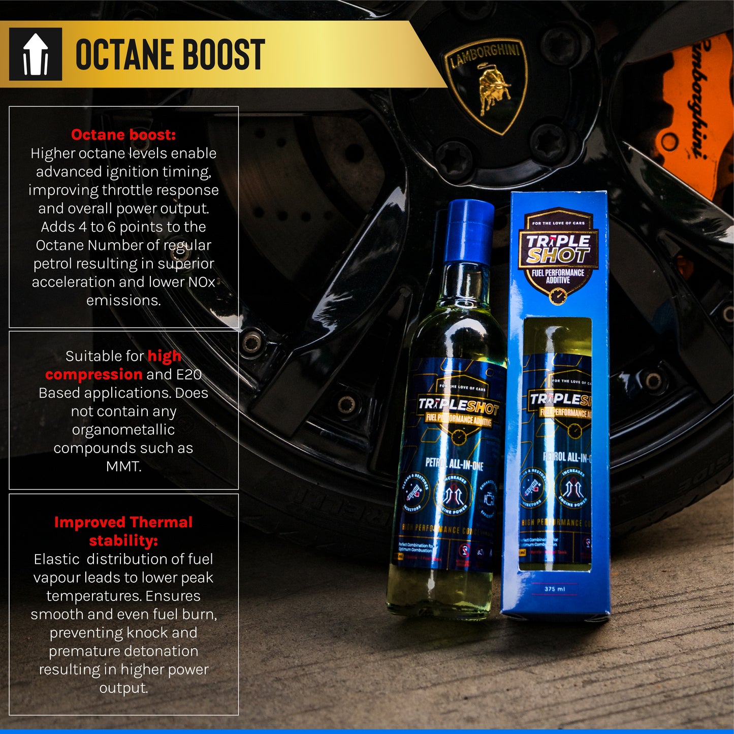 Triple Shot fuel additive infographic highlighting improved fuel efficiency, wear protection, and combustion benefits for petrol engines.