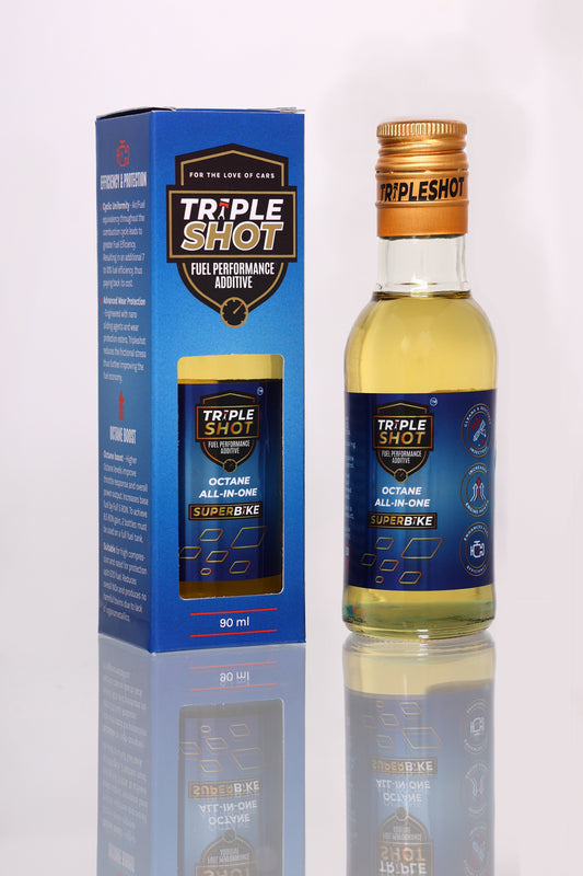 Tripleshot Octane All-In-One Superbike fuel additive 90ml bottle with gold cap beside blue retail box