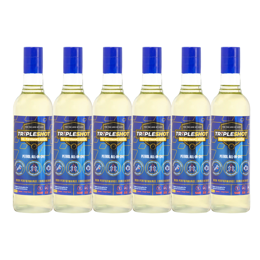 A multipack of six bottles of Tripleshot Fuel Performance Additive, each bottle is 375ml with a blue cap, designed to improve petrol performance for luxury and premium vehicles.