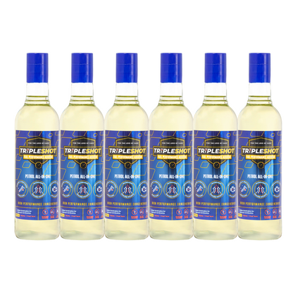 A multipack of six bottles of Tripleshot Fuel Performance Additive, each bottle is 375ml with a blue cap, designed to improve petrol performance for luxury and premium vehicles.