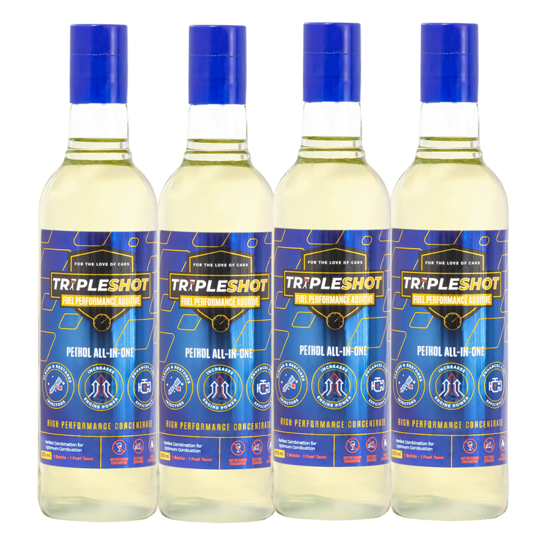 Four bottles of Tripleshot Fuel Performance Additive, designed to improve petrol performance for luxury and premium vehicles, with blue caps and labels detailing the product information.