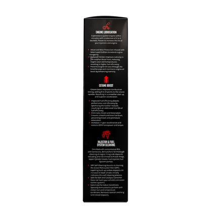 TripleShot Diesel Additive Box Side View Showing Benefits – Engine Lubrication, Emission Reduction & Fuel System Cleaning