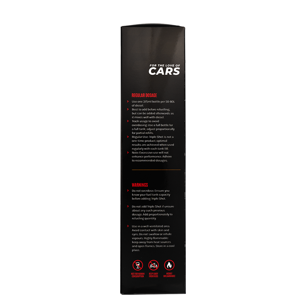 TripleShot Diesel Additive Box Side Panel with Usage Instructions, Warnings & Safety Icons
