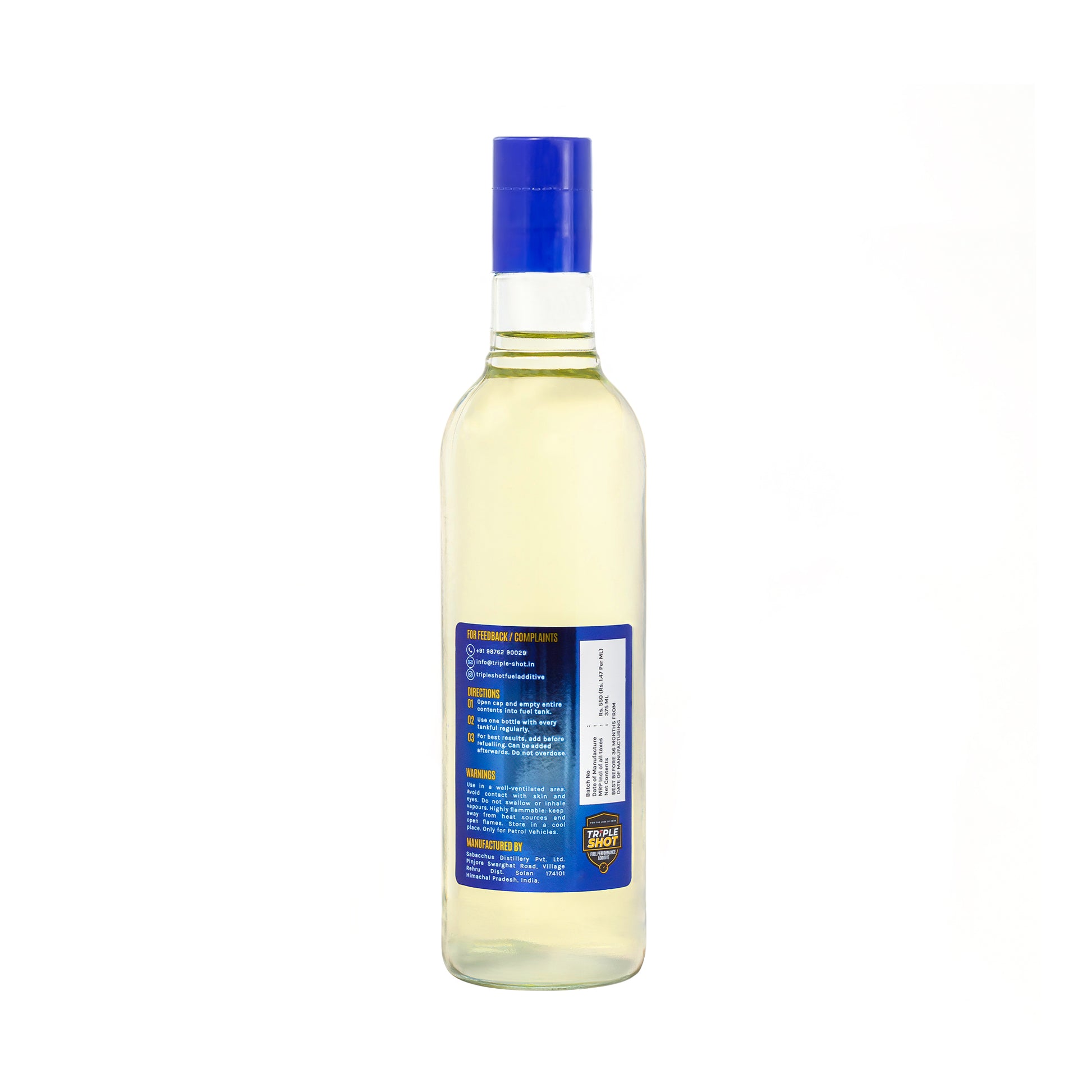 A bottle of Tripleshot Fuel Performance Additive with blue cap and label indicating product information.