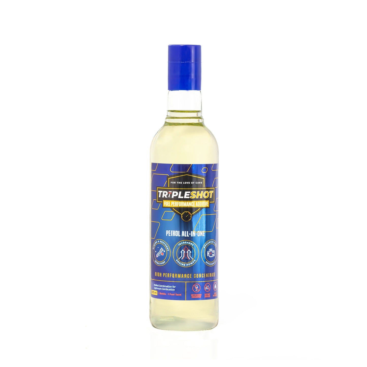 A bottle of Tripleshot Fuel Performance Additive with blue cap and label indicating product information.