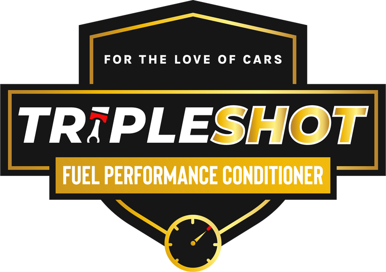 Logo for Triple Shot fuel performance conditioner with car parts theme.