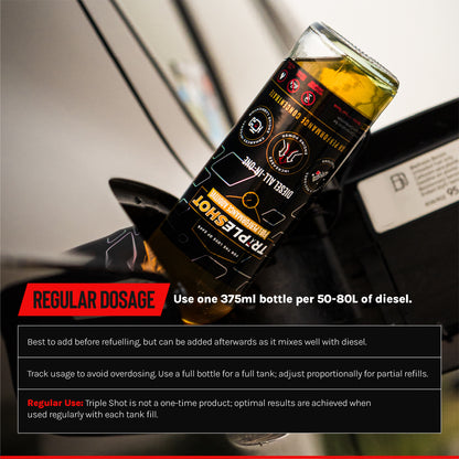 TripleShot Diesel Additive Being Poured into Fuel Tank – 375ml Dosage per 50–80L Diesel