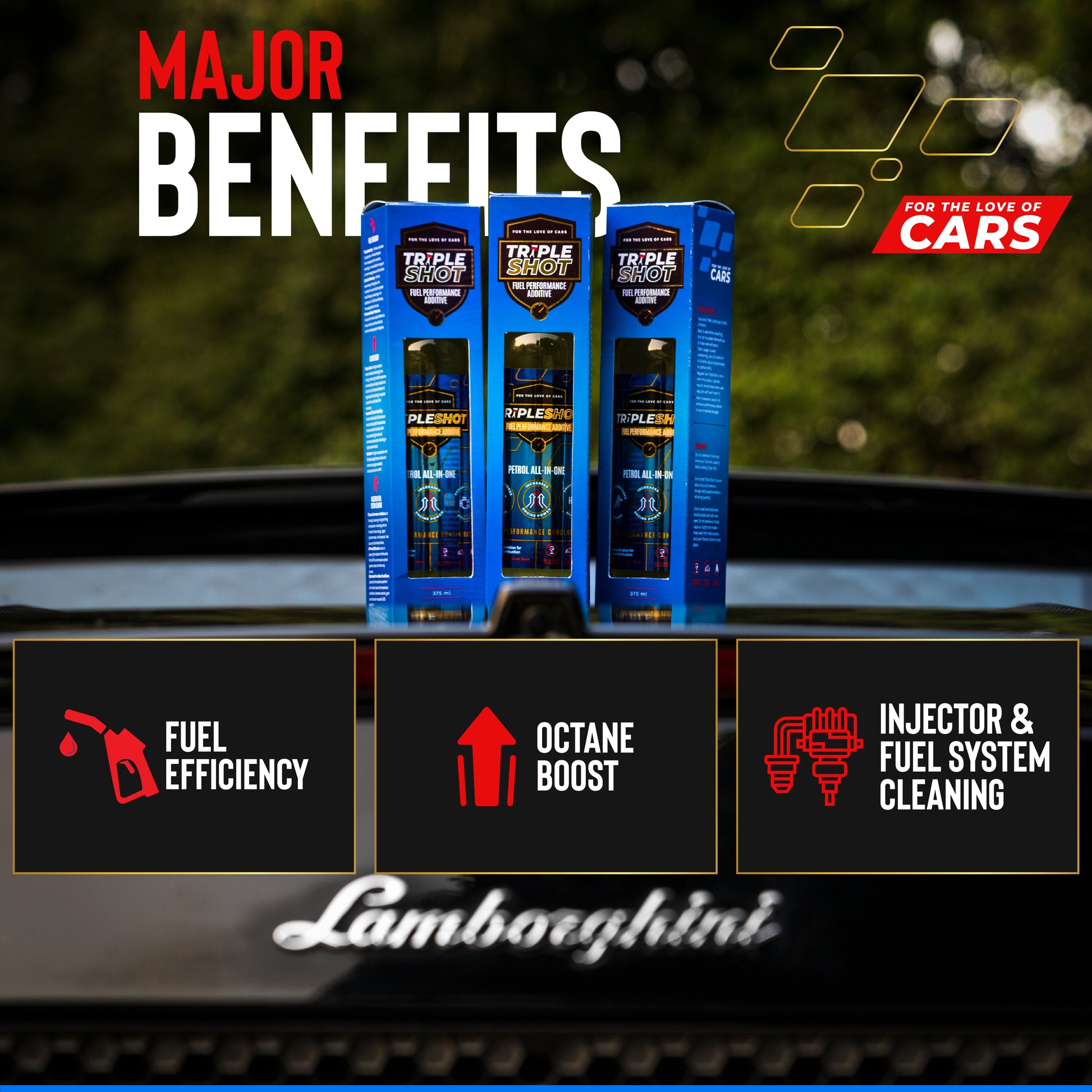 Three Tripleshot Fuel Additive boxes placed on the rear of a black Lamborghini. Bold text highlights 'Major Benefits' of the product, including improved fuel efficiency, octane boost, and injector & fuel system cleaning. Each benefit is represented with a red icon and labeled accordingly.